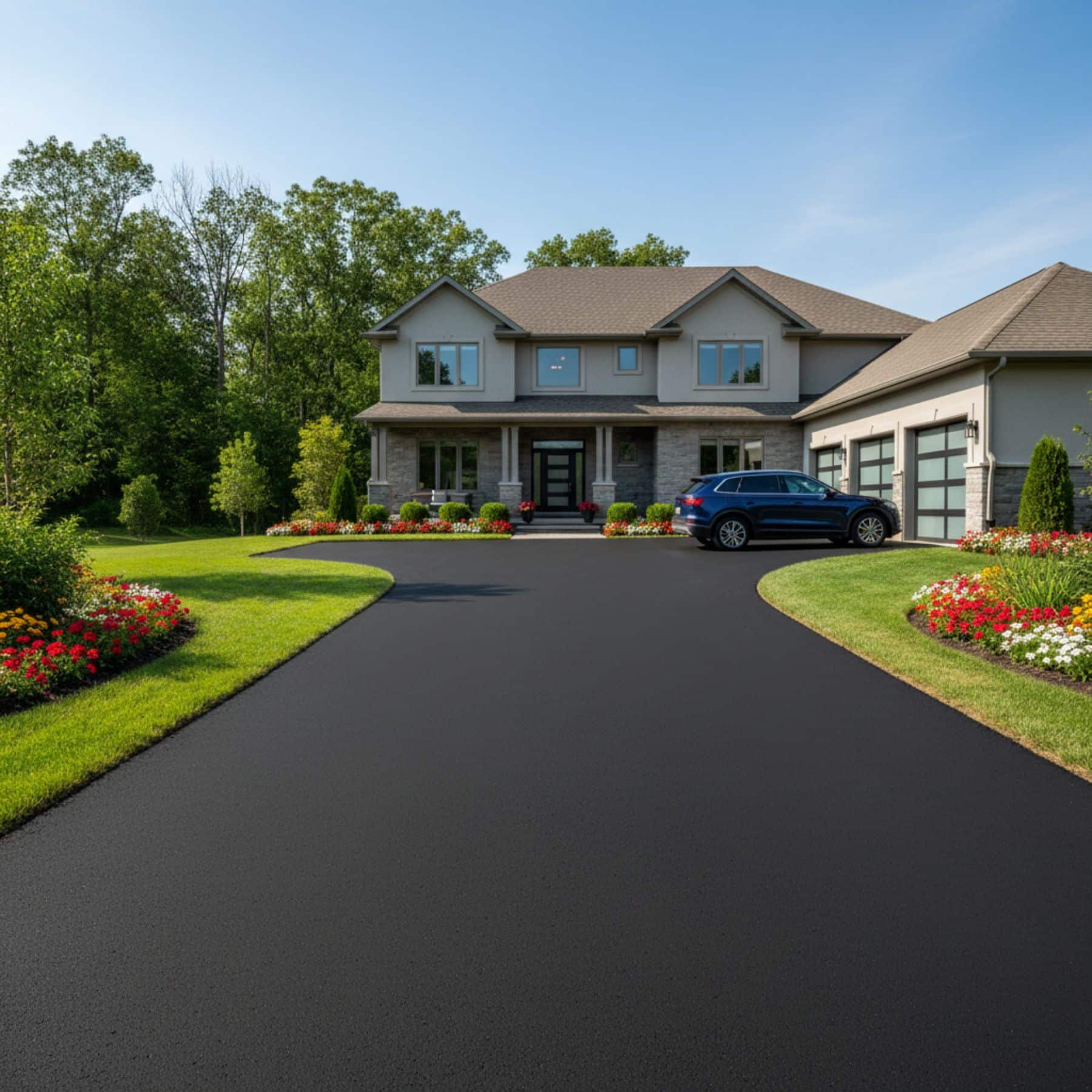 asphalt paved driveway for home with grassy lawn and bush